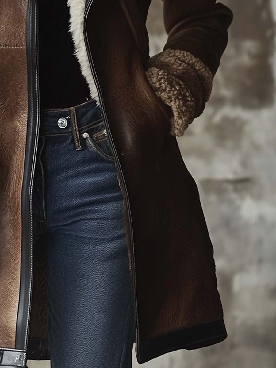 Langer Vintage-Ledermantel mit Kunstfellkragen für Damen