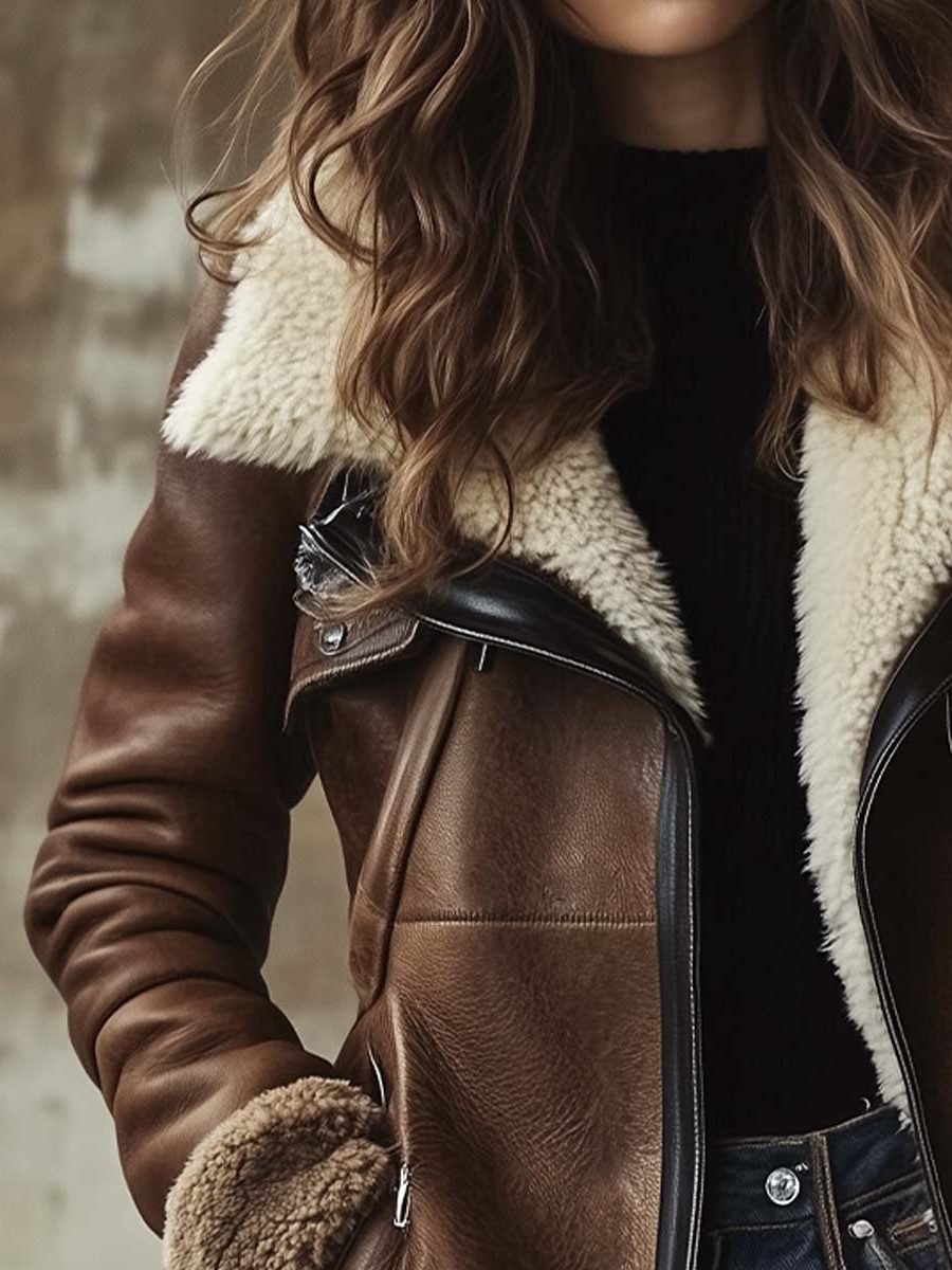Langer Vintage-Ledermantel mit Kunstfellkragen für Damen