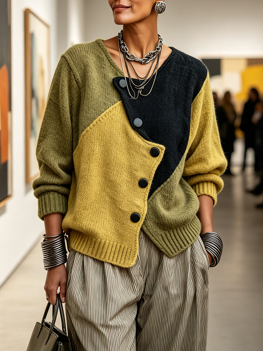 Künstlerischer gemütlicher asymmetrischer Colorblock-Strickpullover