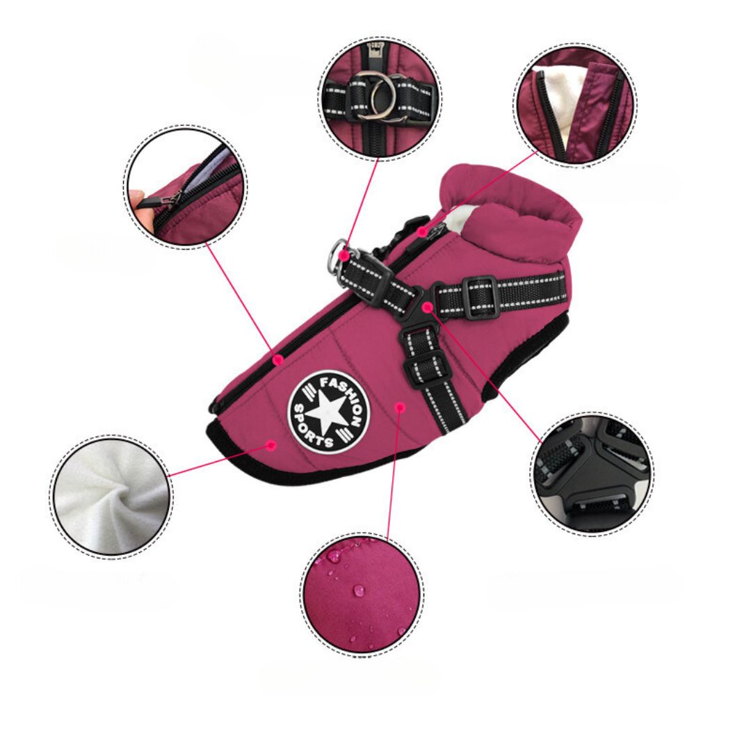 Wind- und wasserdichte Hundejacke mit integriertem Geschirr