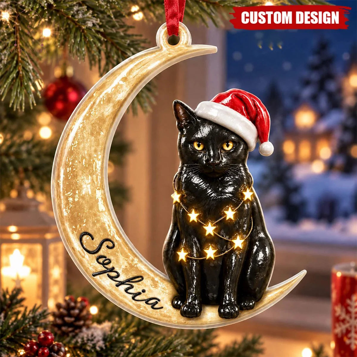 Personalisierte schwarze Katze auf Halbmond Holzornament - Katzenliebhaber Weihnachtsbaum Deko
