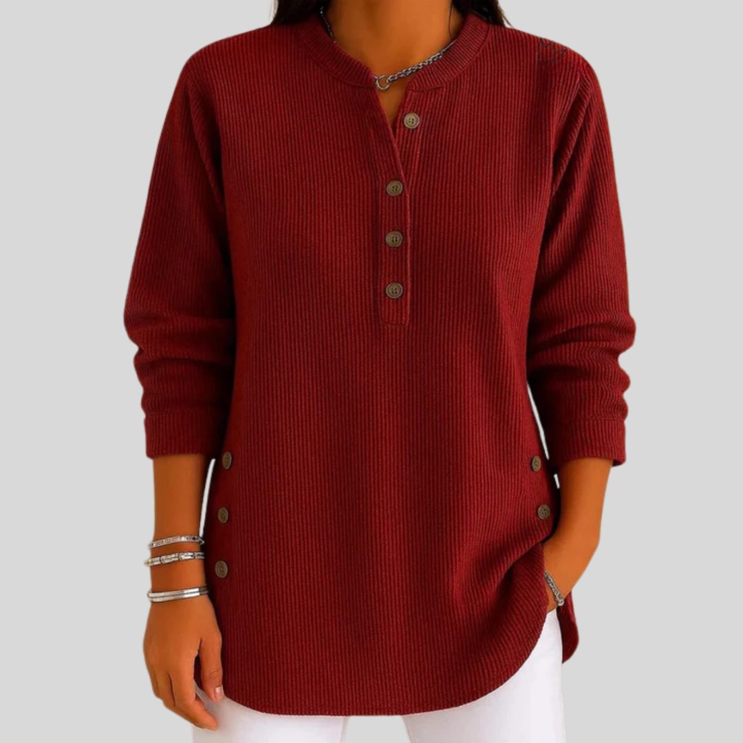Gerippter Strickpullover mit Rundhalsausschnitt und Knopfleiste für Damen