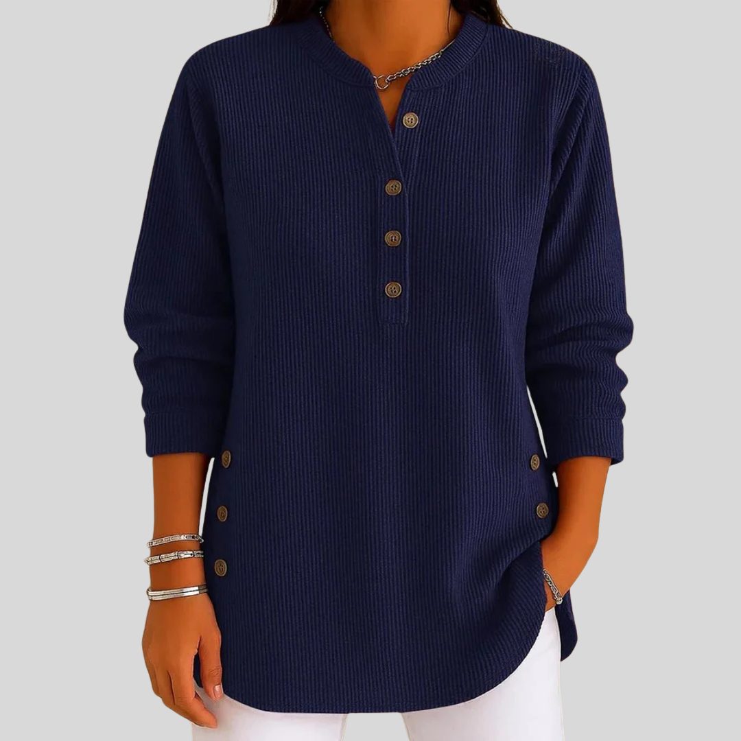 Gerippter Strickpullover mit Rundhalsausschnitt und Knopfleiste für Damen