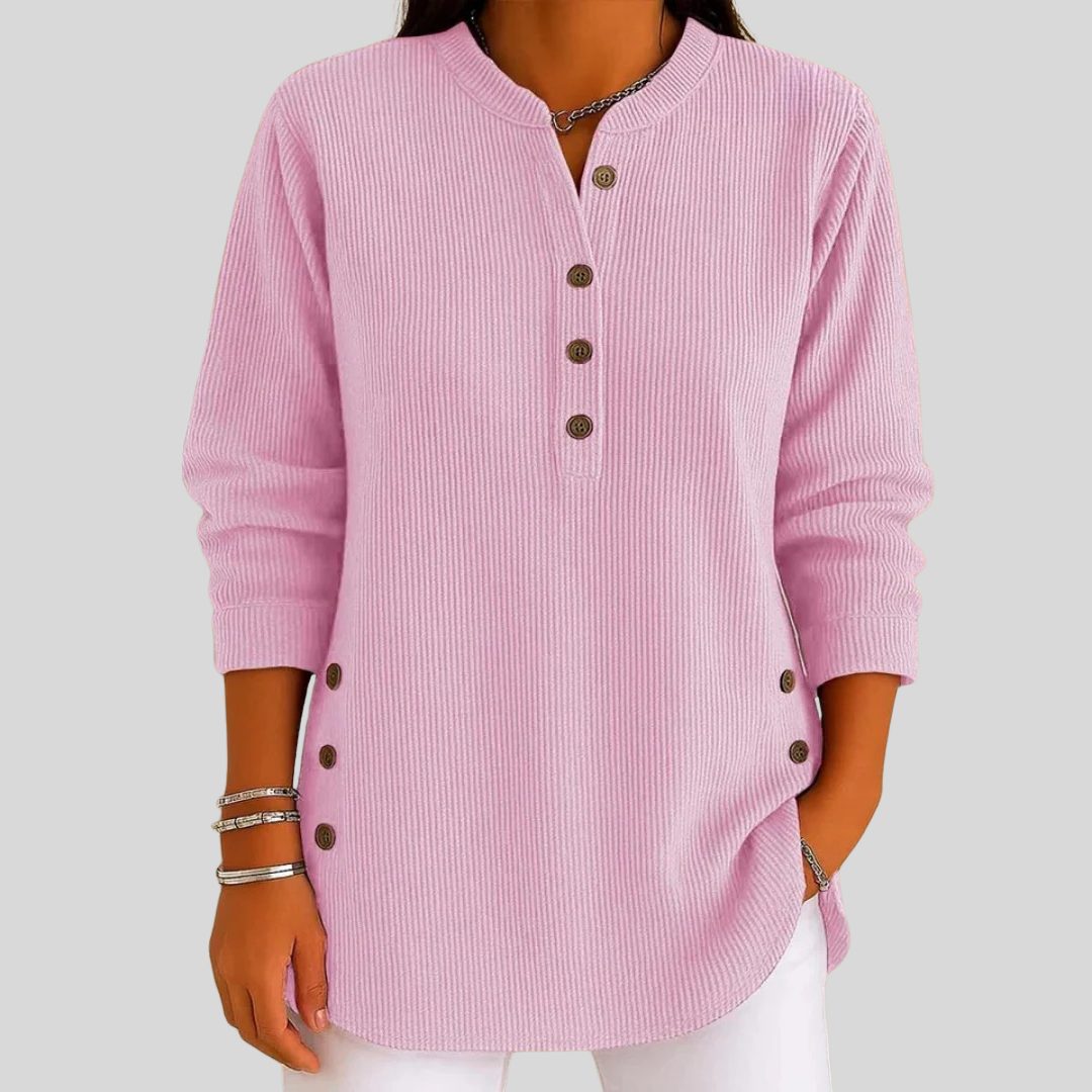Gerippter Strickpullover mit Rundhalsausschnitt und Knopfleiste für Damen