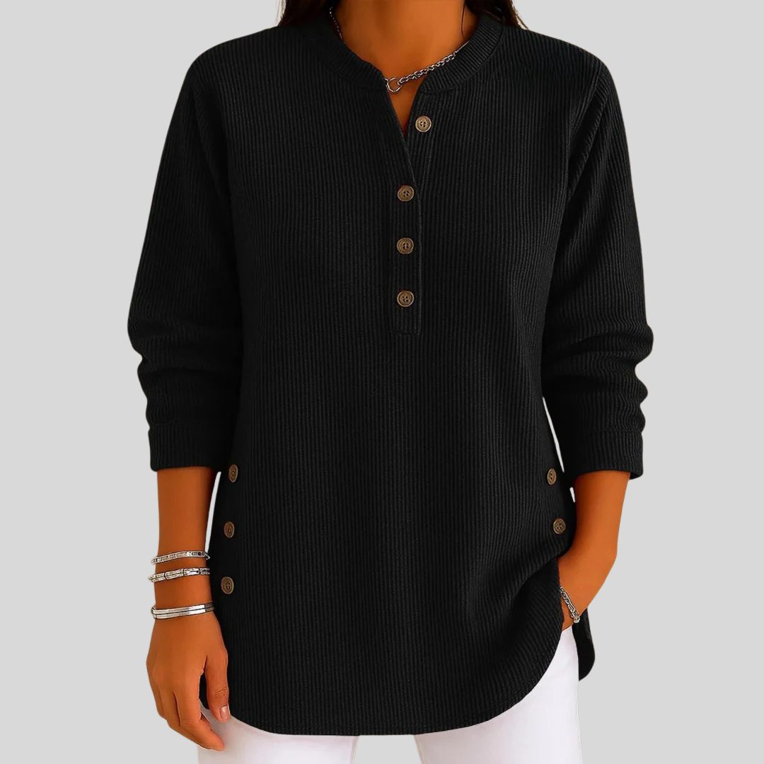 Gerippter Strickpullover mit Rundhalsausschnitt und Knopfleiste für Damen