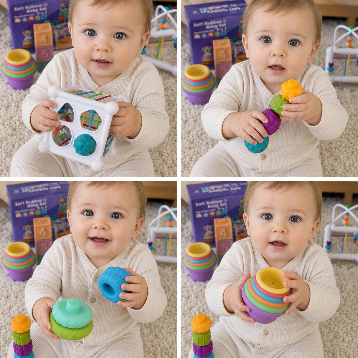 5-in-1 Montessori weiches Gummi Baby Sensorik-Spielset mit Stapel- & Sortierspielzeug – 26 Teile
