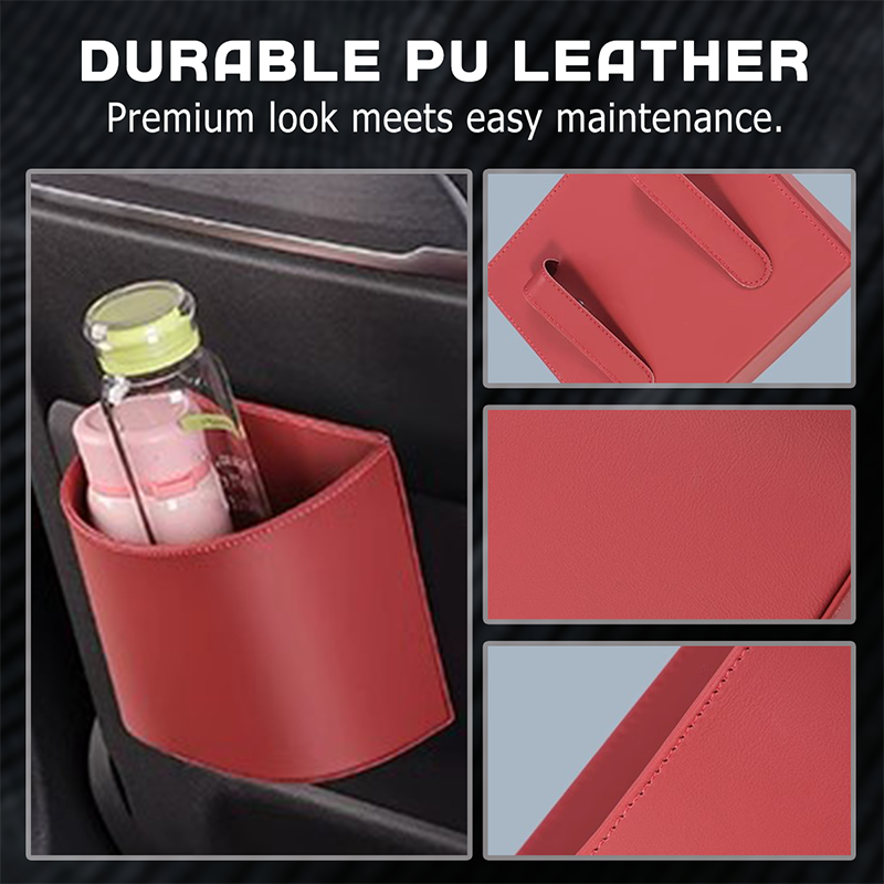 Leder Auto-Tür Getränkehalter – Breite Öffnung, einfacher Zugriff für Getränke & Handy. Clip-on sichere Passform. PU-Leder, robust & stilvoll.