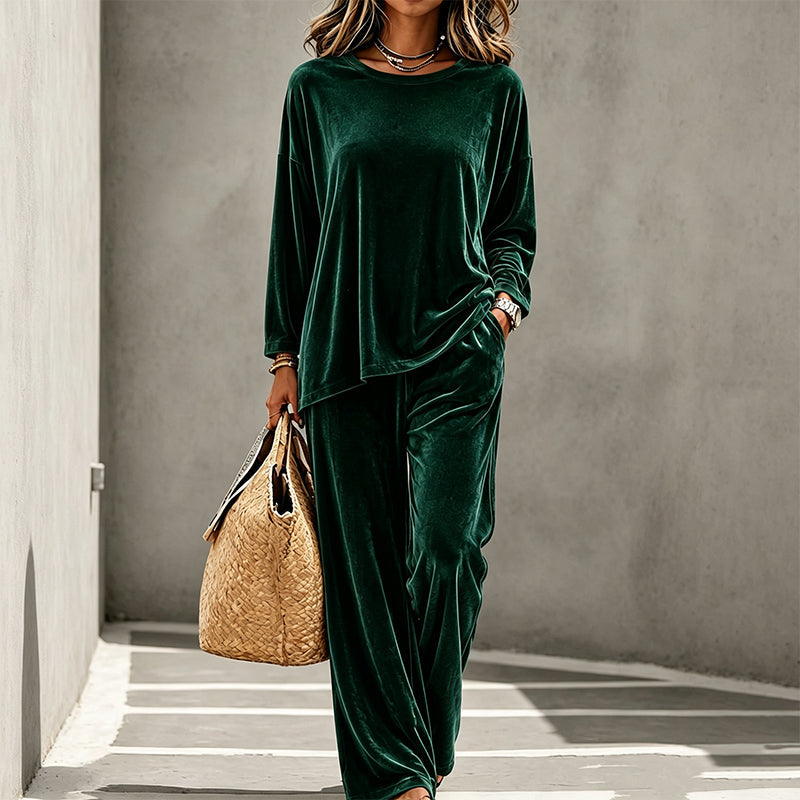Damen Samt Langarm-Top & Hose mit weitem Bein Set