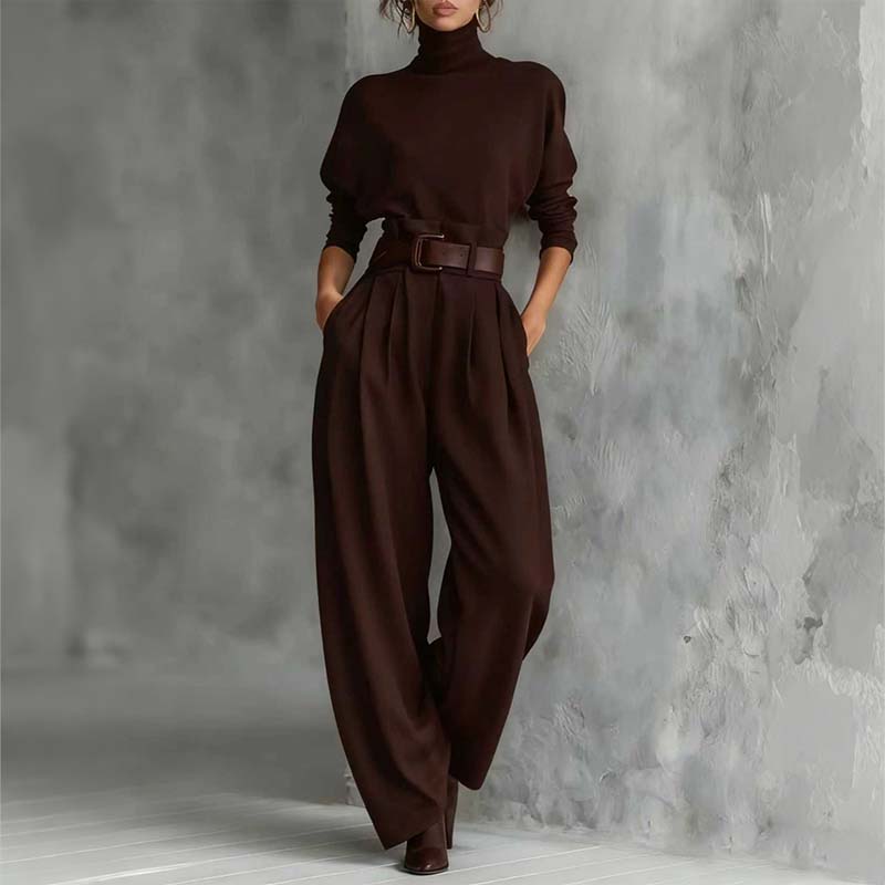 Eleganter Damen-Zweiteiler: Rollkragen-Shirt & Hose mit hohem Bund