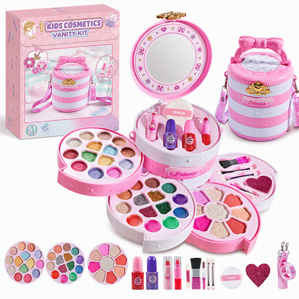 Abwaschbares Prinzessinnen-Makeup-Set – hautfreundlich, Ablagen & tragbare Tasche