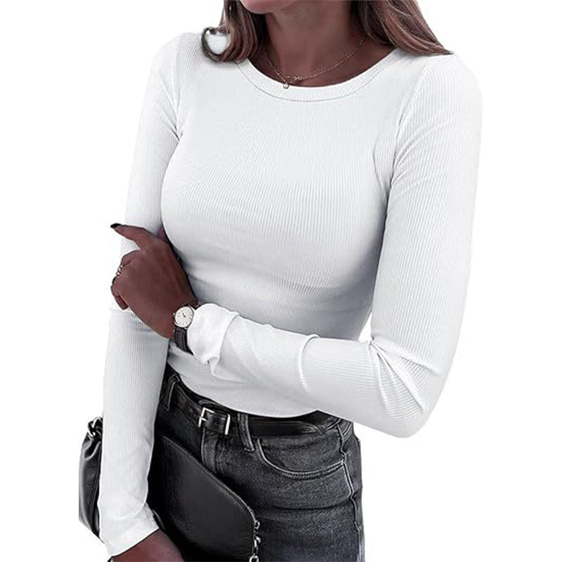 Geripptes klassisches Damen-Stricktop mit Rundhalsausschnitt
