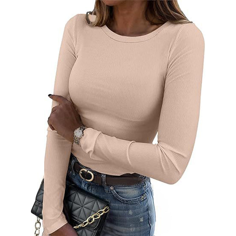 Geripptes klassisches Damen-Stricktop mit Rundhalsausschnitt