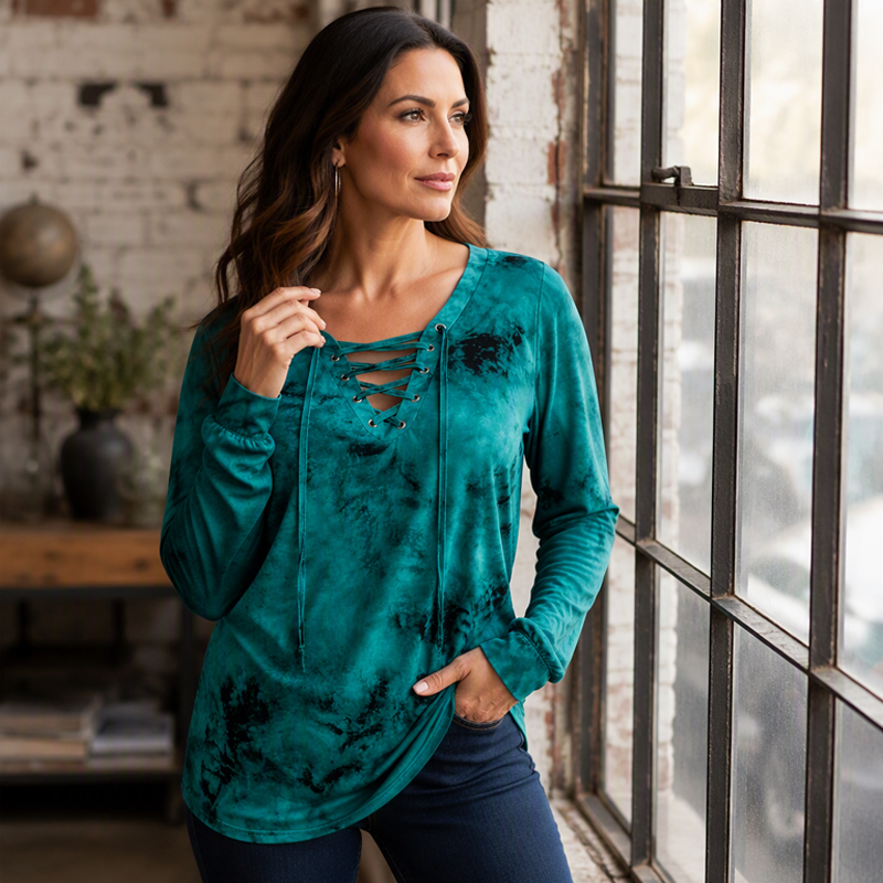 Damen Batik V-Ausschnitt Top mit Schnürung