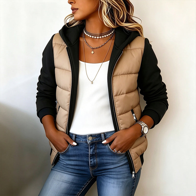 Damen Color-Block Wattierte Kapuzenjacke