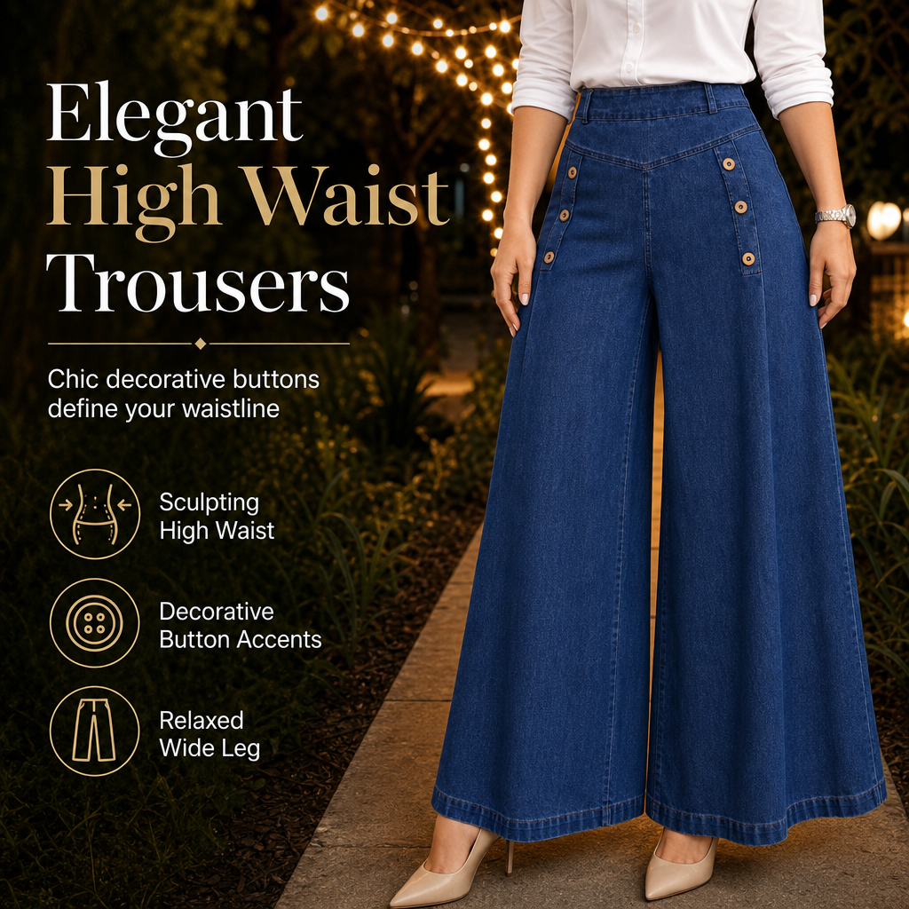 High Waisted Wide Leg Stretch Denim Jeans mit dekorativen Knöpfen