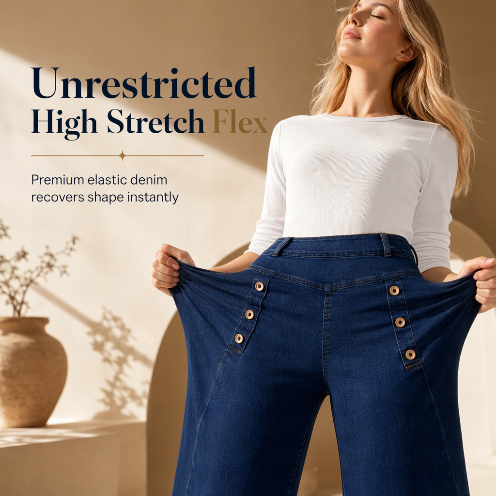 High Waisted Wide Leg Stretch Denim Jeans mit dekorativen Knöpfen