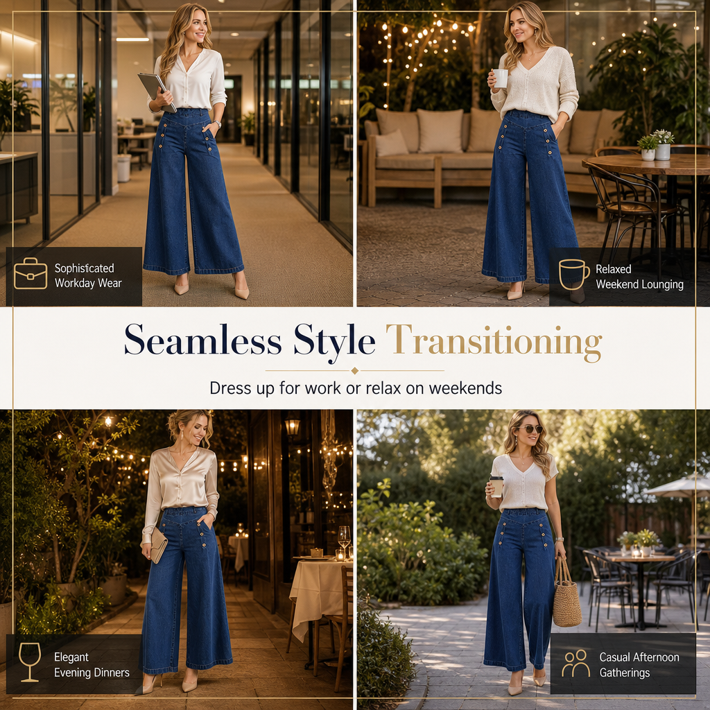 High Waisted Wide Leg Stretch Denim Jeans mit dekorativen Knöpfen