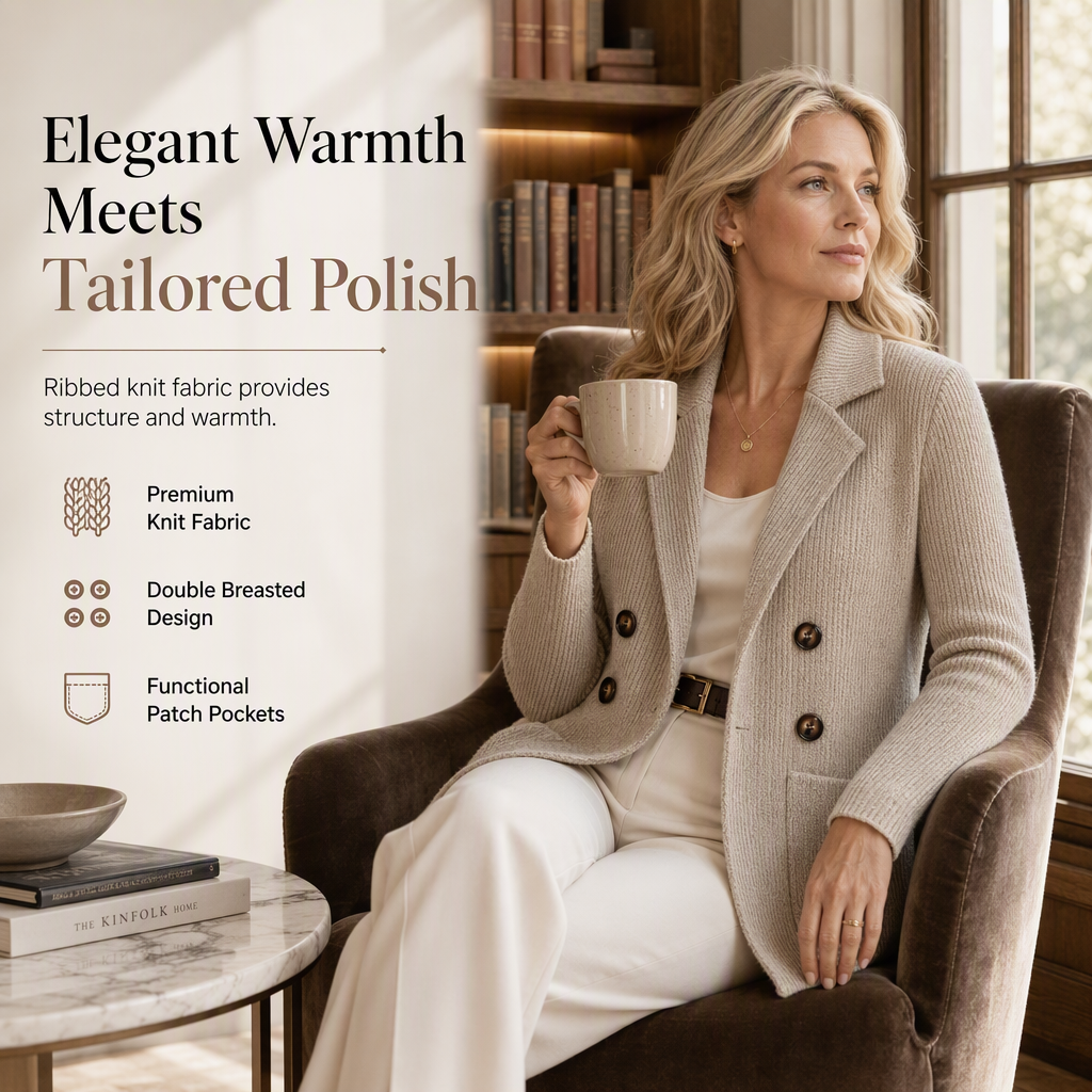 Damen Doppelreihige Gerippte Strick-Cardigan mit Taschen und Gekerbtem Revers
