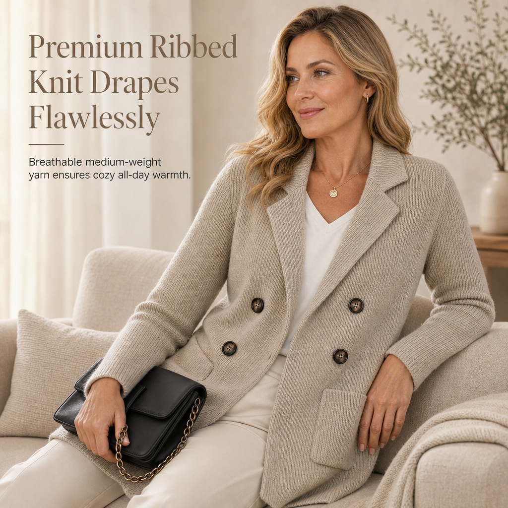 Damen Doppelreihige Gerippte Strick-Cardigan mit Taschen und Gekerbtem Revers