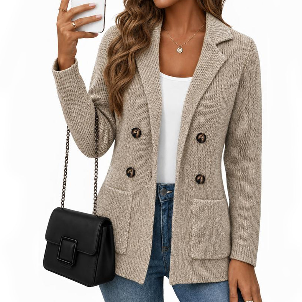 Damen Doppelreihige Gerippte Strick-Cardigan mit Taschen und Gekerbtem Revers