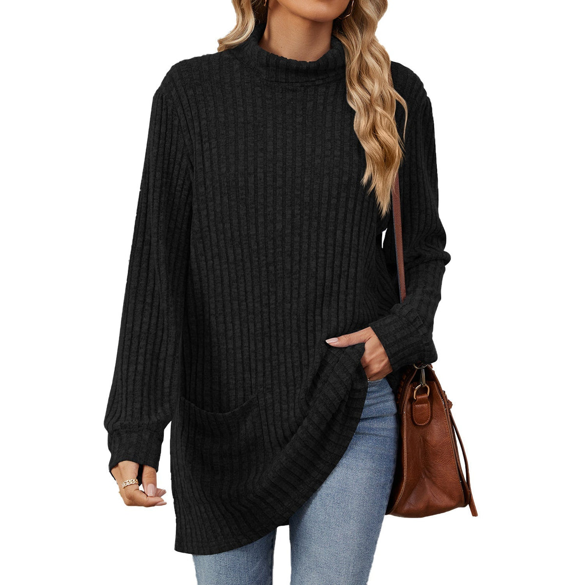 Locker sitzendes T-Shirt für Damen mit hohem Kragen und langen Ärmeln