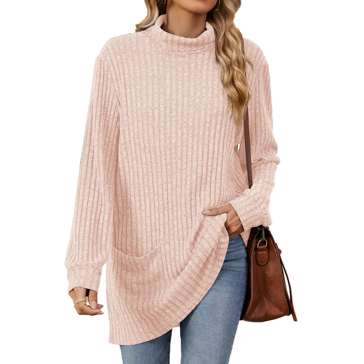 Locker sitzendes T-Shirt für Damen mit hohem Kragen und langen Ärmeln