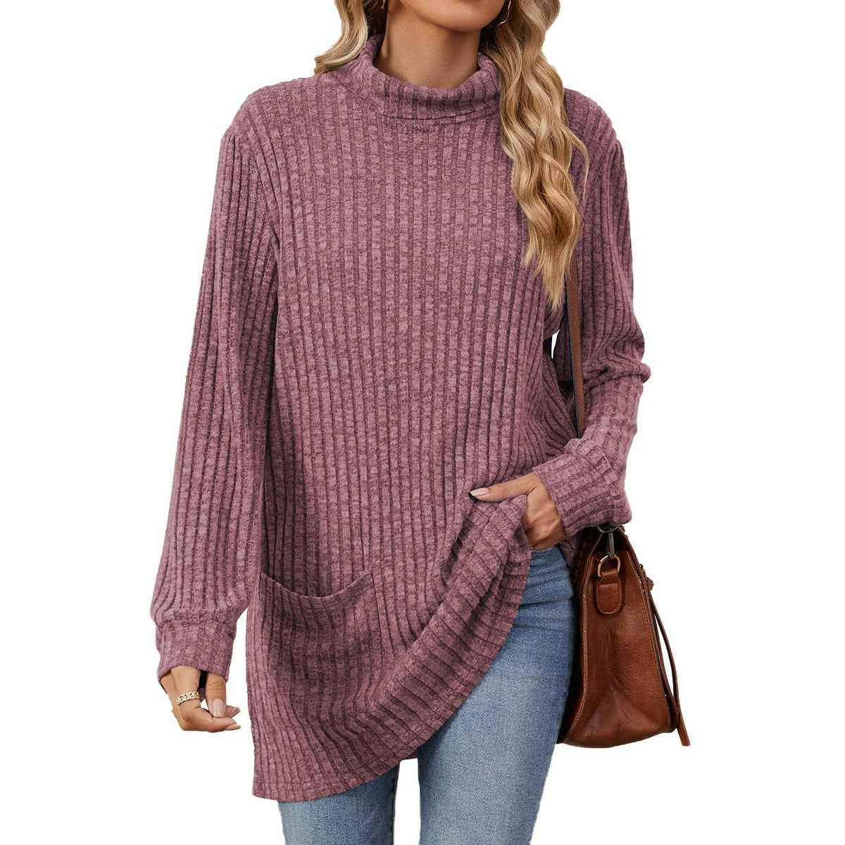 Locker sitzendes T-Shirt für Damen mit hohem Kragen und langen Ärmeln