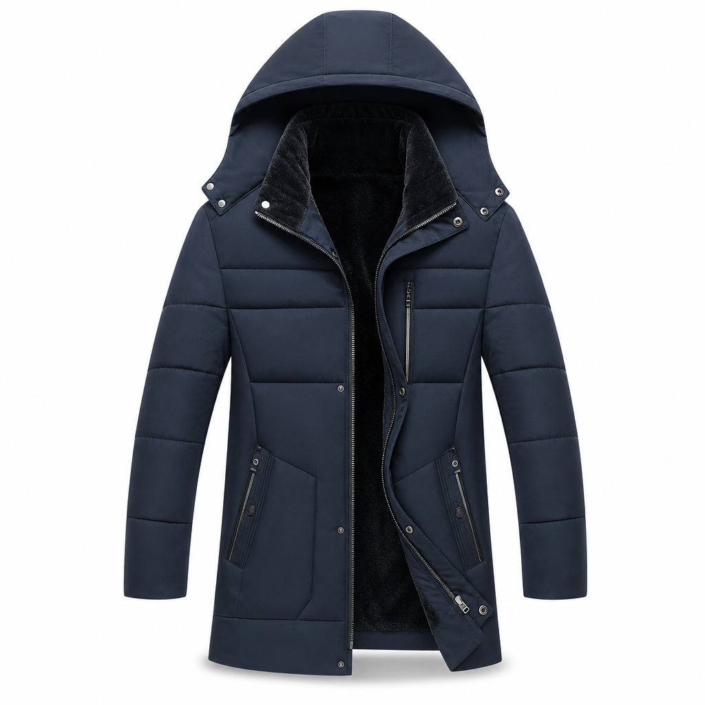 Mittelange Winterjacke mit gesteppter und dickerer Baumwolle für geschäftlichen und lässigen Gebrauch, für Männer mittleren Alters