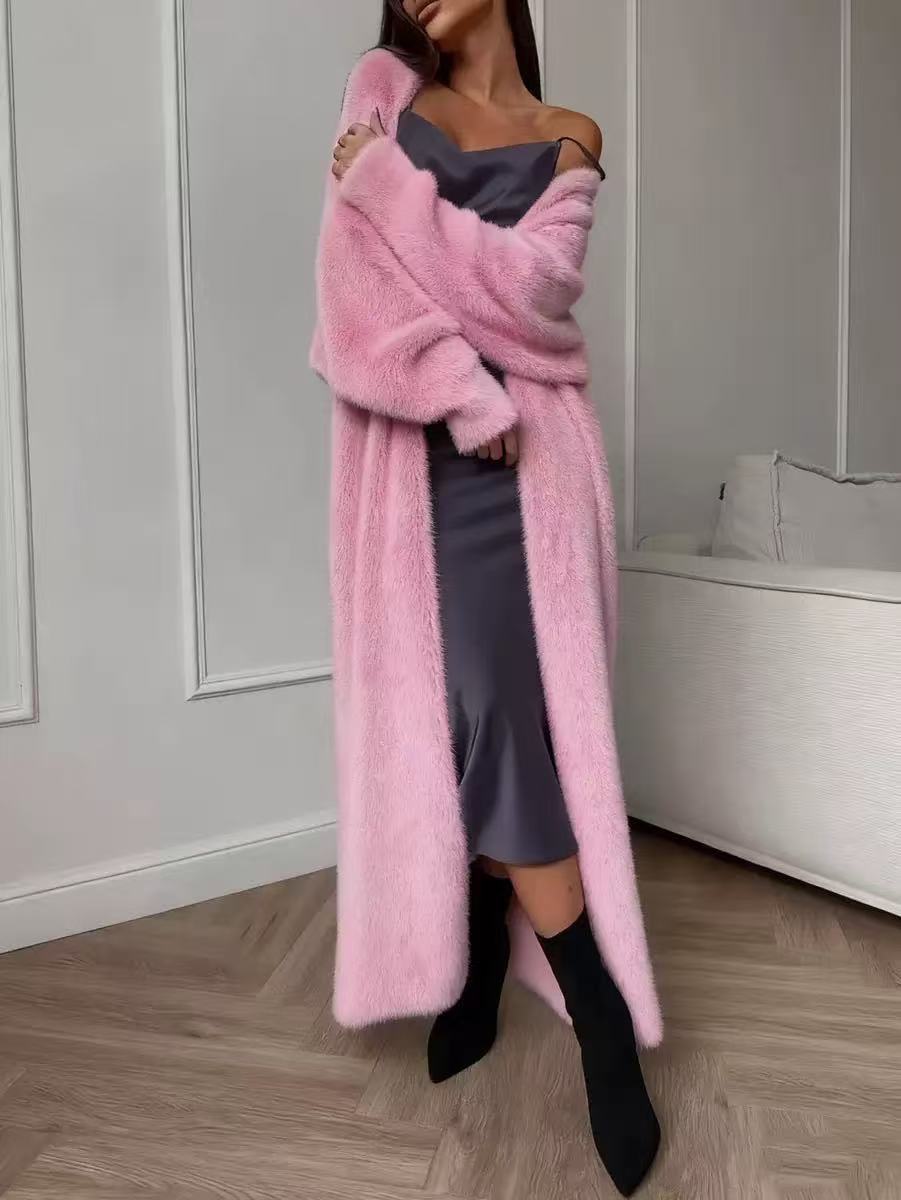 Damen Faux-Nerz-Fleece Langer Cardigan Flauschiger Oversized Strick-Mantel für Herbst und Winter