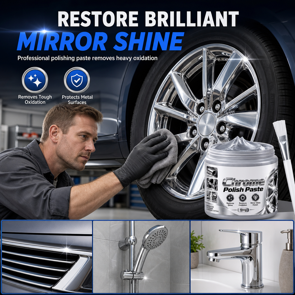 Metall Chrom Politur & Restaurator Paste mit Bürste – Hochleistungs Chrom Poliercreme, Oxidationsentferner für Autofelgen, Metallverkleidung, Wasserhähne & Chromoberflächen
