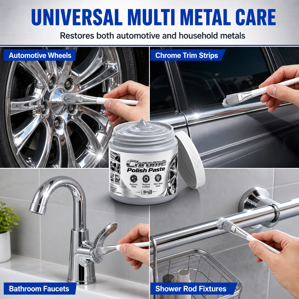 Metall Chrom Politur & Restaurator Paste mit Bürste – Hochleistungs Chrom Poliercreme, Oxidationsentferner für Autofelgen, Metallverkleidung, Wasserhähne & Chromoberflächen