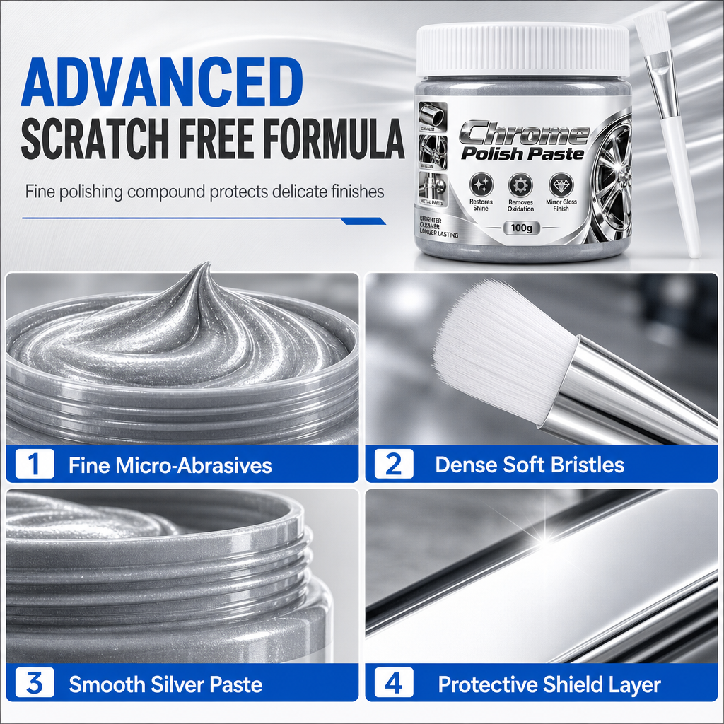 Metall Chrom Politur & Restaurator Paste mit Bürste – Hochleistungs Chrom Poliercreme, Oxidationsentferner für Autofelgen, Metallverkleidung, Wasserhähne & Chromoberflächen