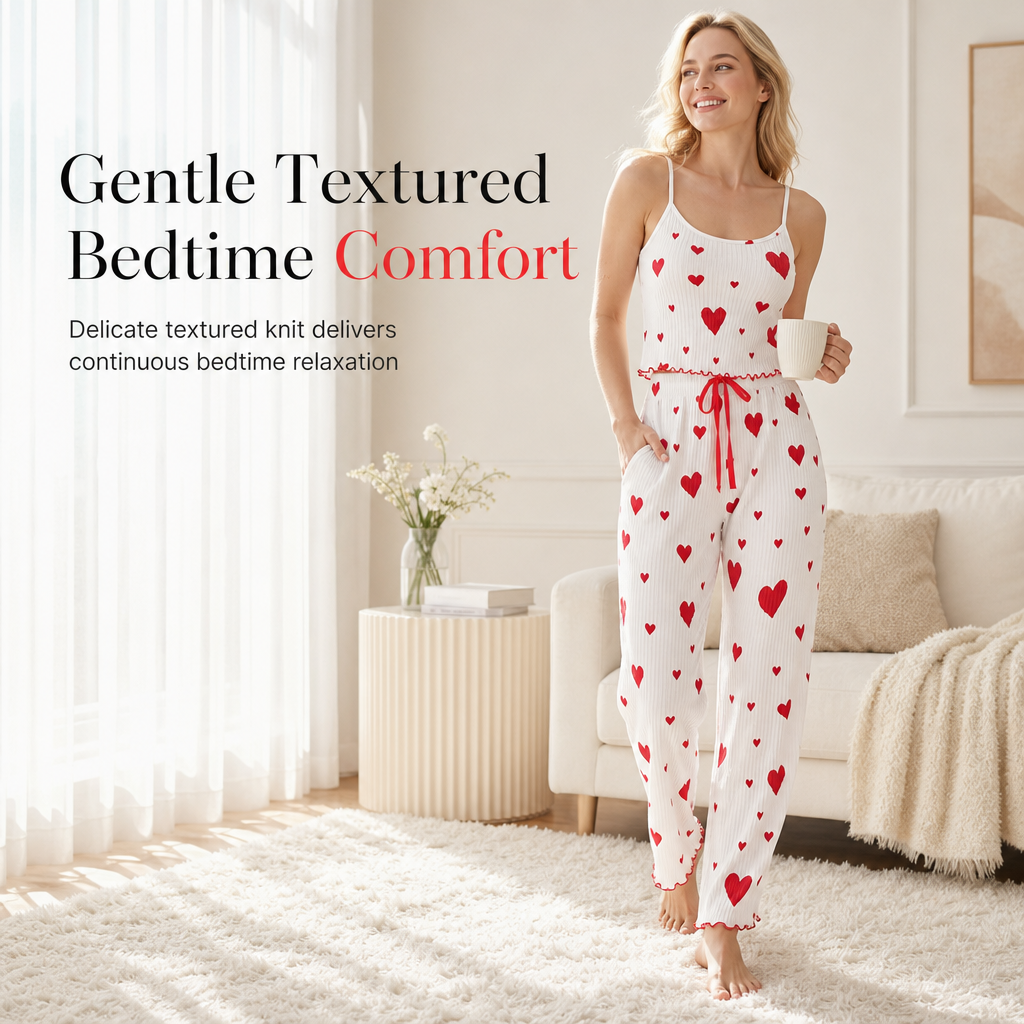 Damen 2-teiliges geripptes Pyjama-Set Herzdruck Camisole-Top und lange Hose Loungewear