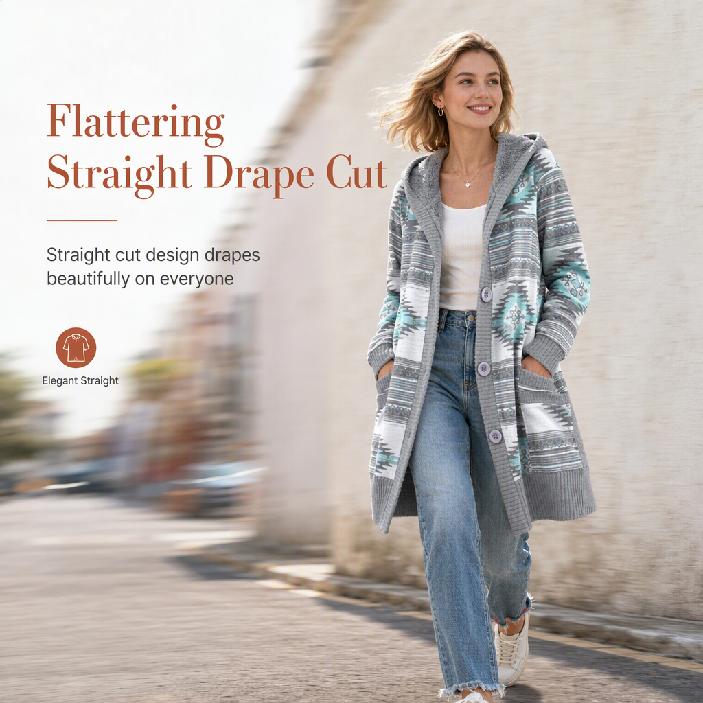 Damen-Strickjacke mittellang mit Kapuze und Baumwollfutter