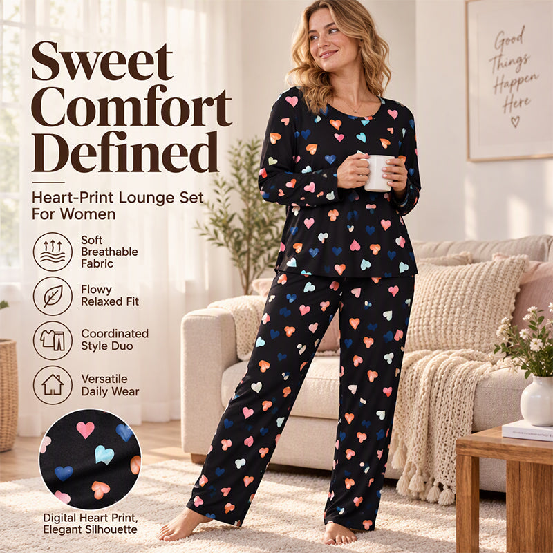 Damen-Pyjama-Set mit Herzaufdruck und langen Ärmeln