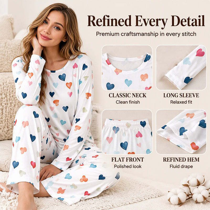 Damen-Pyjama-Set mit Herzaufdruck und langen Ärmeln