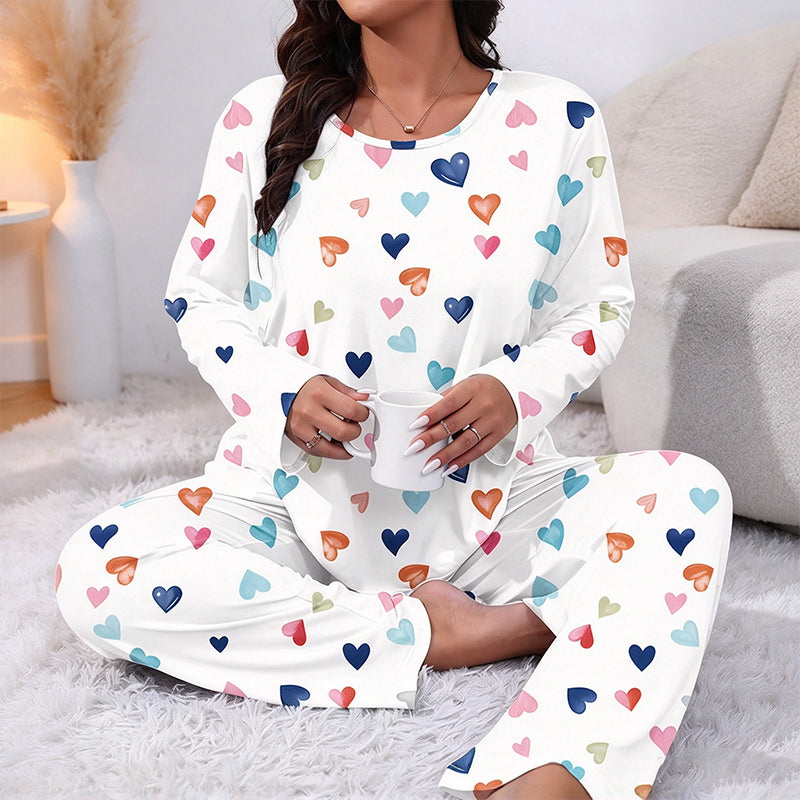 Damen-Pyjama-Set mit Herzaufdruck und langen Ärmeln
