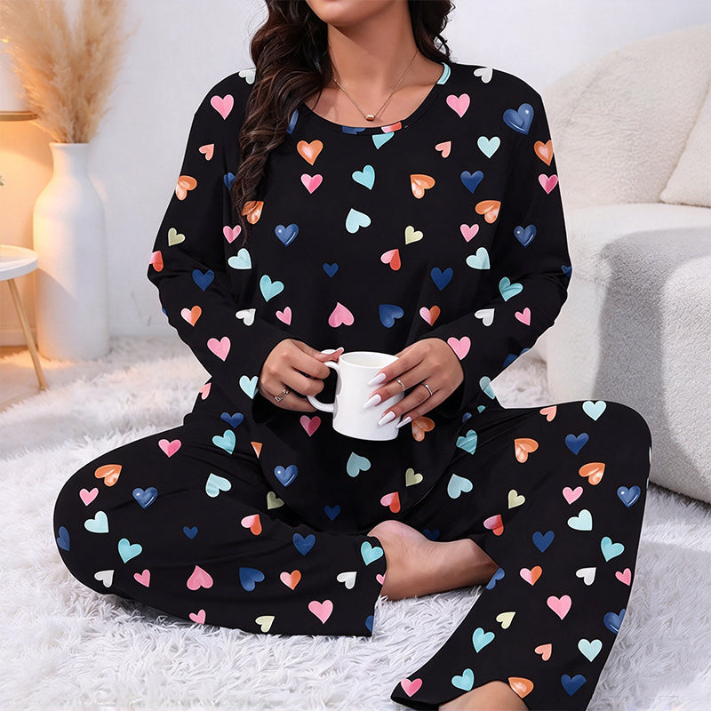 Damen-Pyjama-Set mit Herzaufdruck und langen Ärmeln