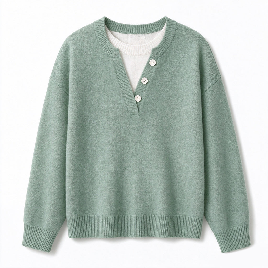 Mock Zweiteiliger V-Ausschnitt Gestrickter Pullover mit Knopfdetails