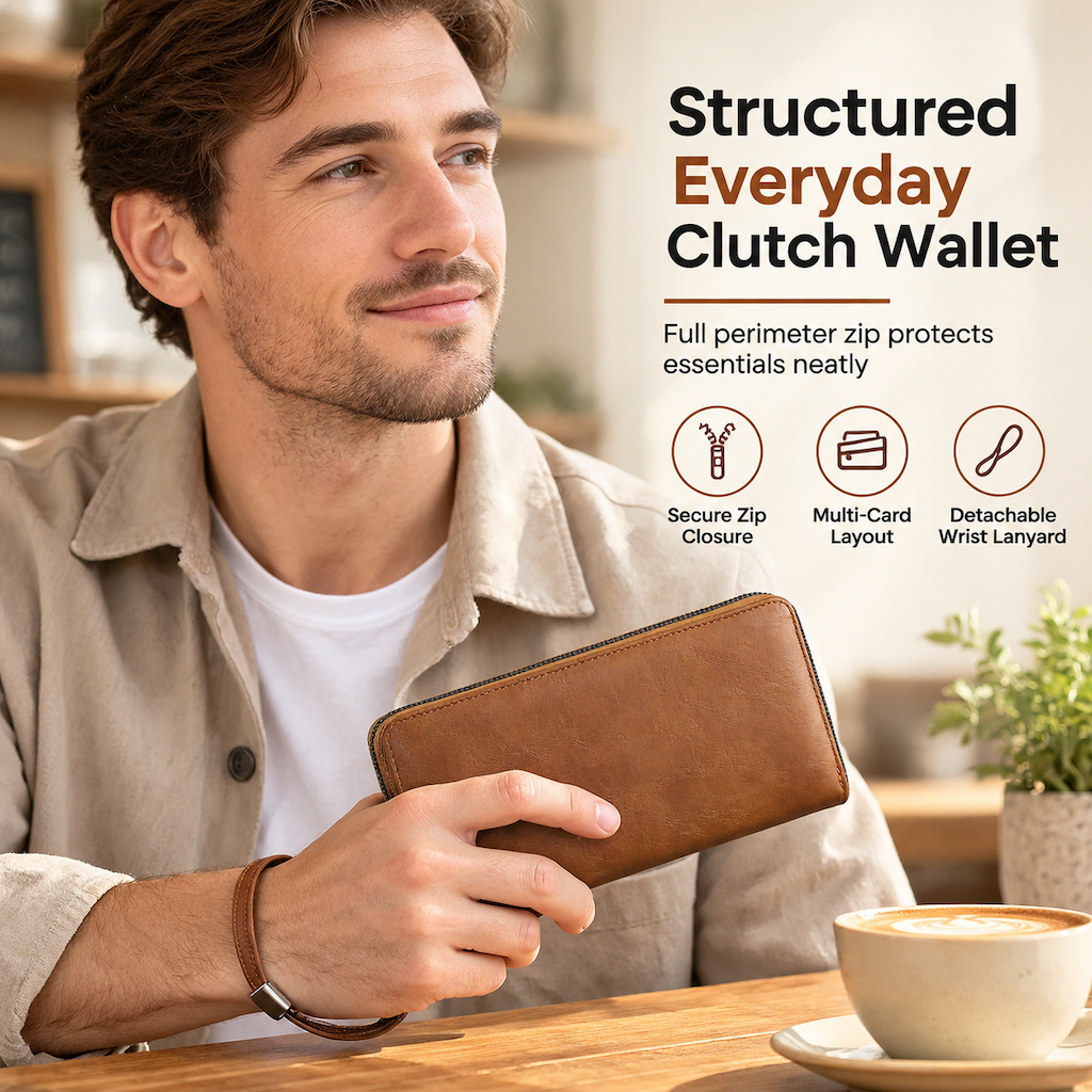 Strukturierte Alltags-Clutch-Geldbörse – Steifer Reißverschluss, Flache Banknoten, Mehrfach-Fächer, Kratzfest