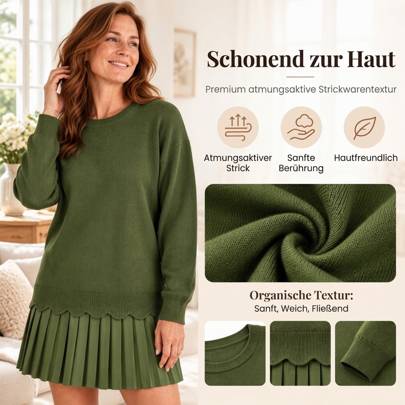 Damen Zweiteiler aus Pullover mit Muschelkante und Plisseerock