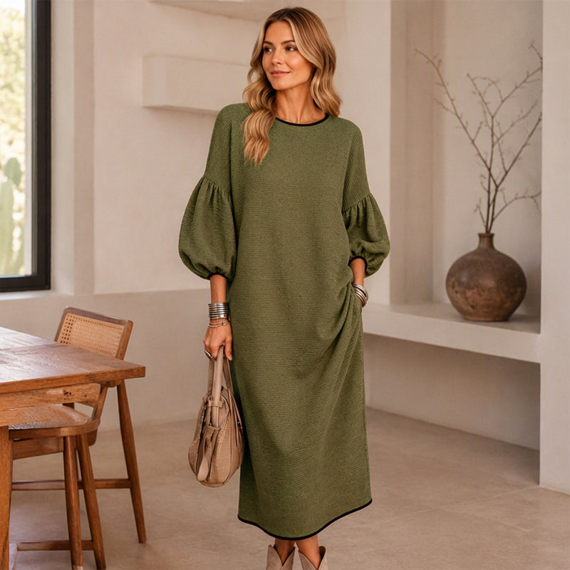 Damen Texturiertes Strick-Midi-Kleid mit Puffärmeln