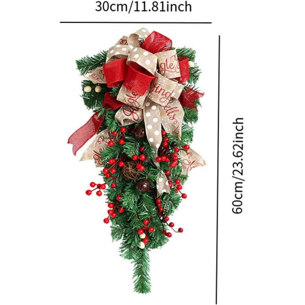 Umgedrehter Weihnachtsbaum-Türschmuck mit Schleifen und Beeren, 60 cm