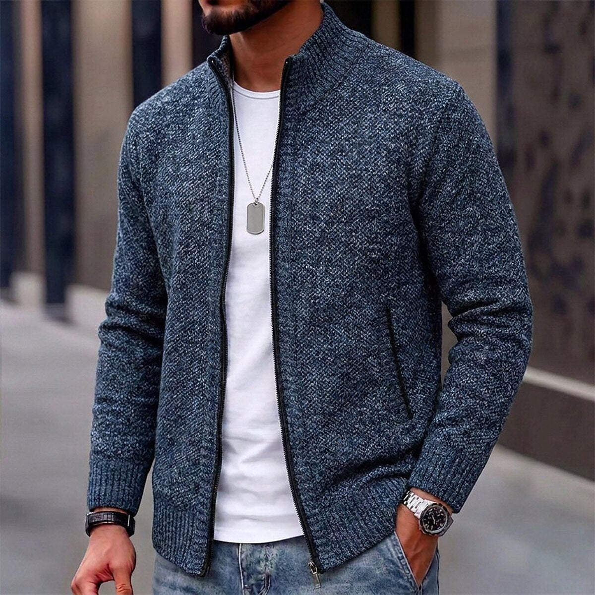 Fleece-Strickjacke mit Reißverschluss und Rippenstrick