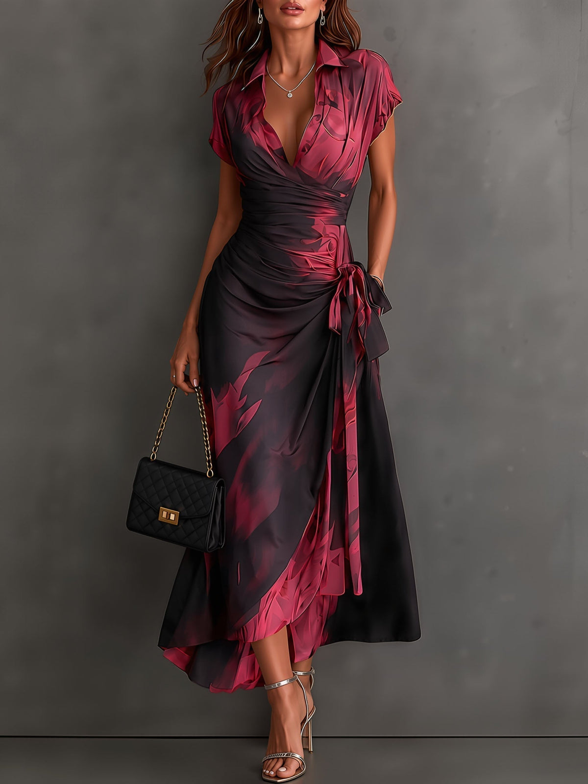 Safran Wickelkleid mit abstraktem Print für Herbst