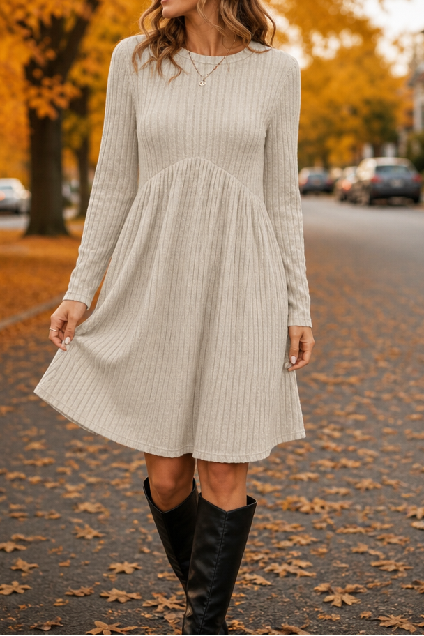 High-Waist Geripptes Strick-A-Linien-Midi-Kleid