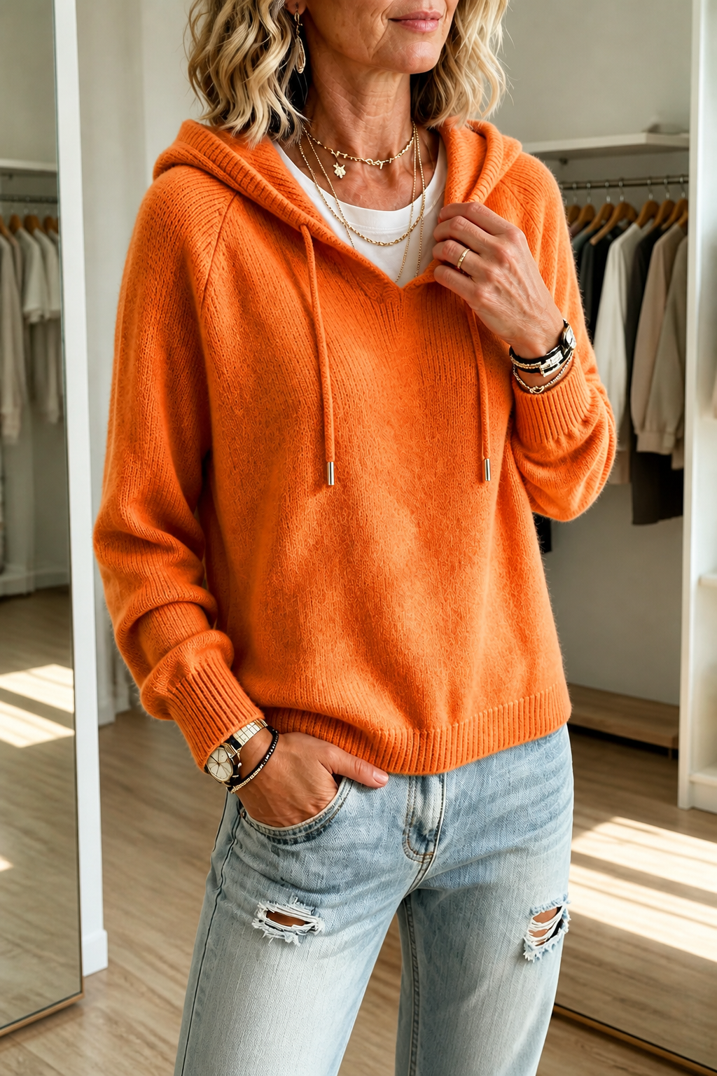 Strickpullover mit Kapuze und Kordelzug