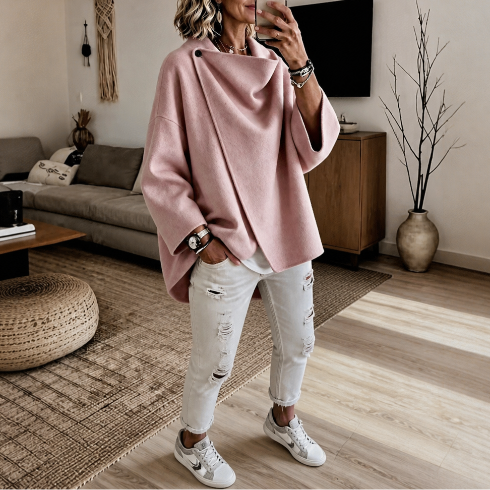 Asymmetrische Wickelcape-Jacke mit Knopfverschluss