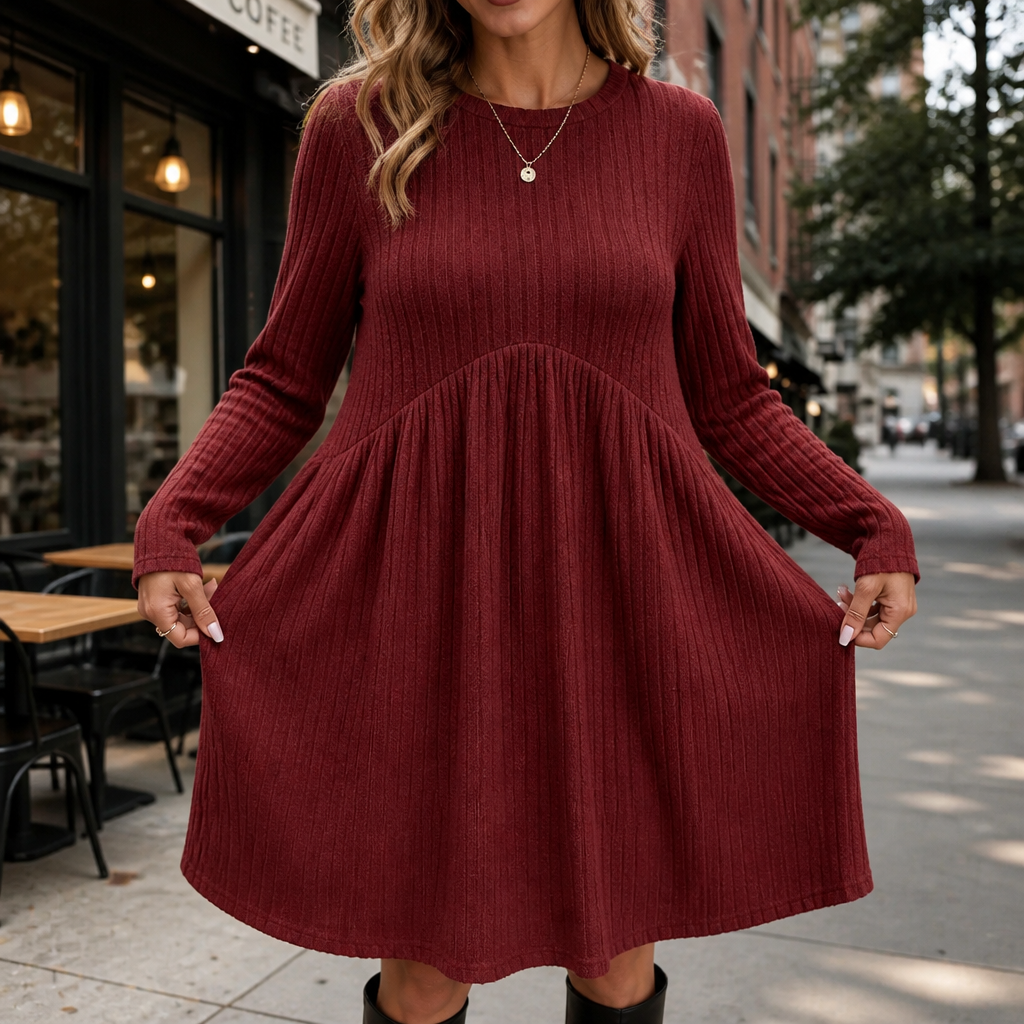 High-Waist Geripptes Strick-A-Linien-Midi-Kleid