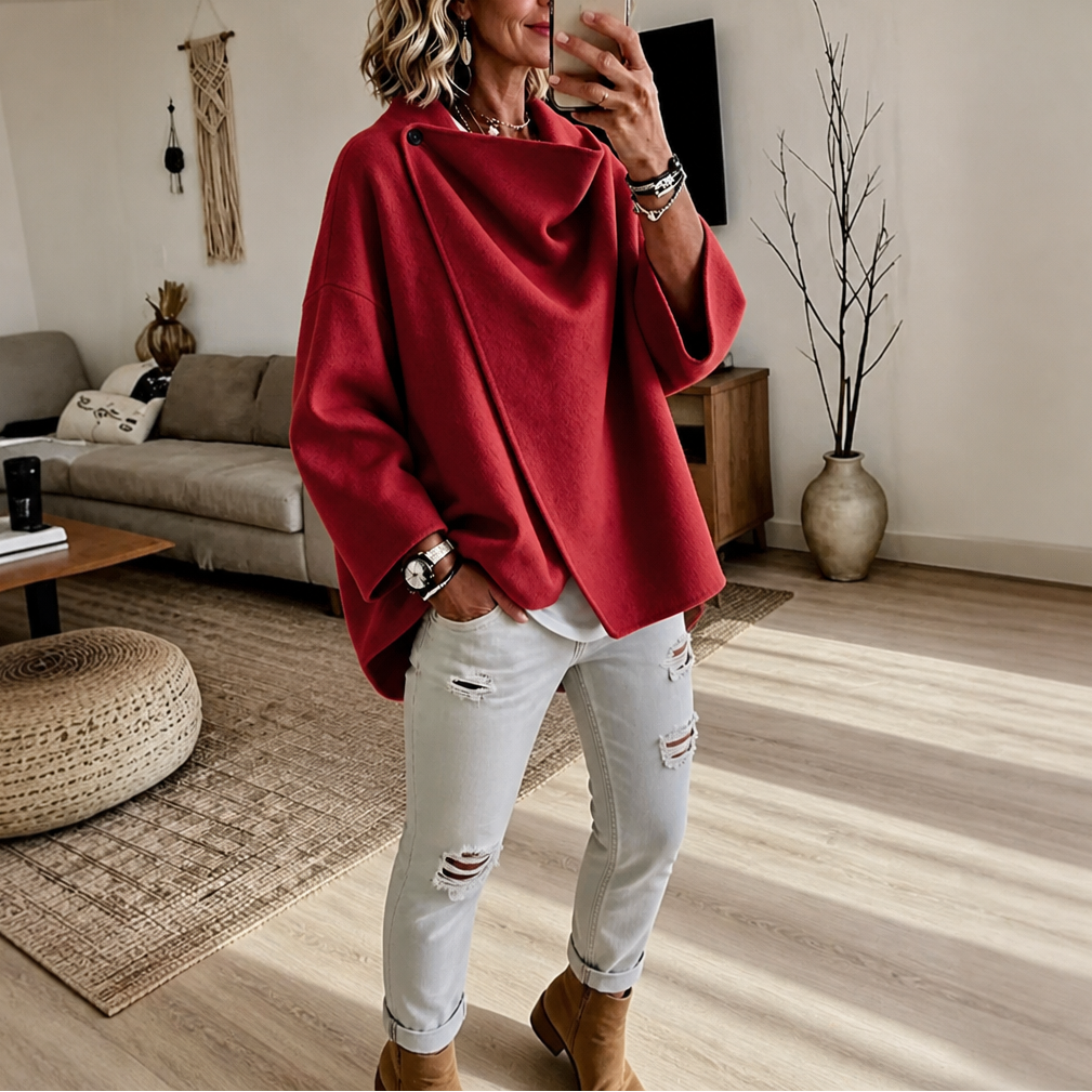 Asymmetrische Wickelcape-Jacke mit Knopfverschluss